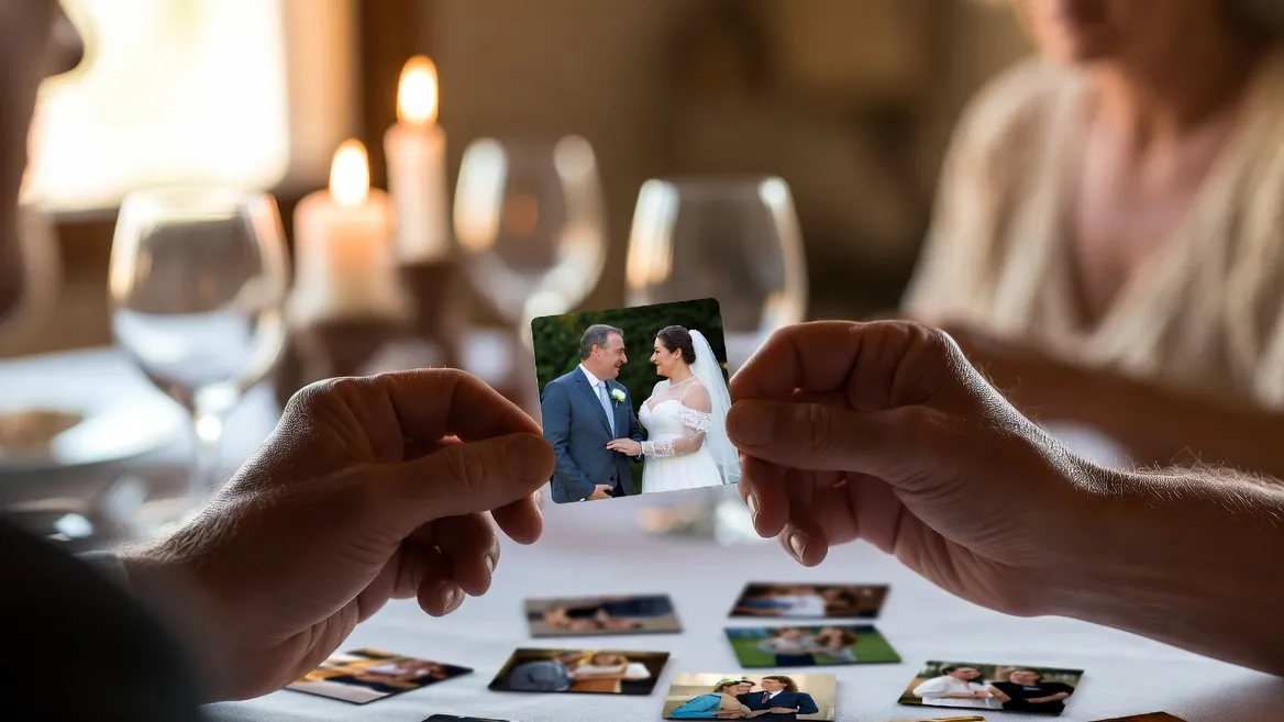 Pareja celebrando aniversario con imán personalizado de su foto de boda