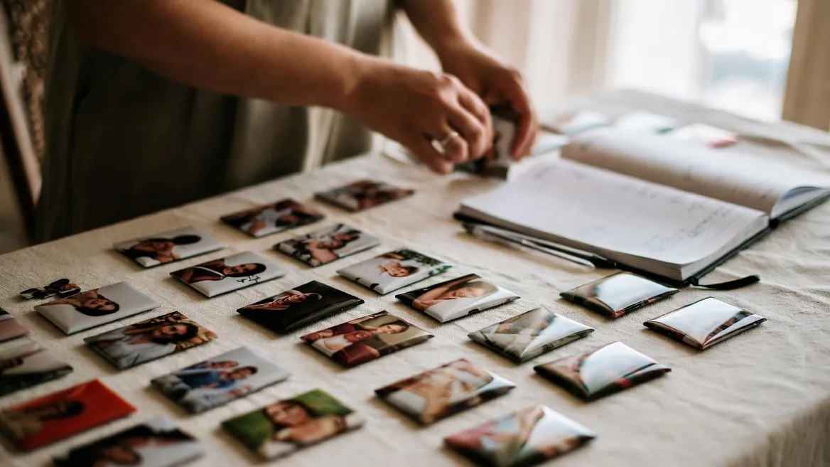 Conteo de recuerdos de boda con imanes personalizados y lista de invitados