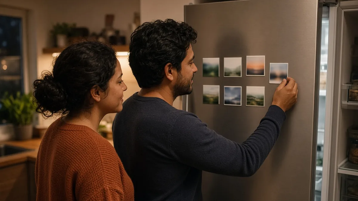 Pareja colocando un imán con foto en el refrigerador, junto a otros imanes de recuerdos familiares