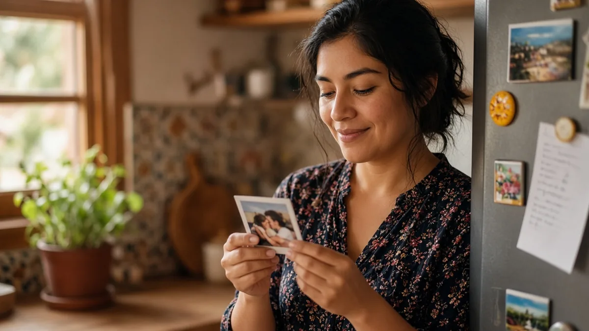 Mujer sonriendo mientras mira un imán fotográfico con la foto de su pareja, junto al refrigerador de su cocina
