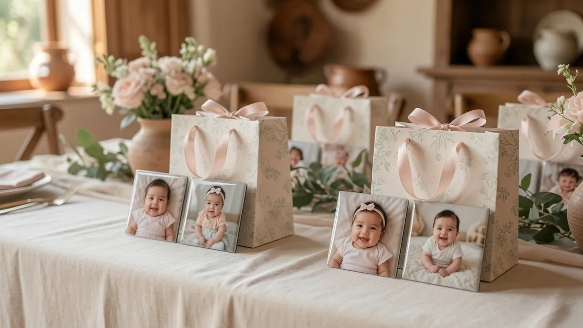 Imanes con foto de bebé como recuerdos de baby shower en tonos pastel