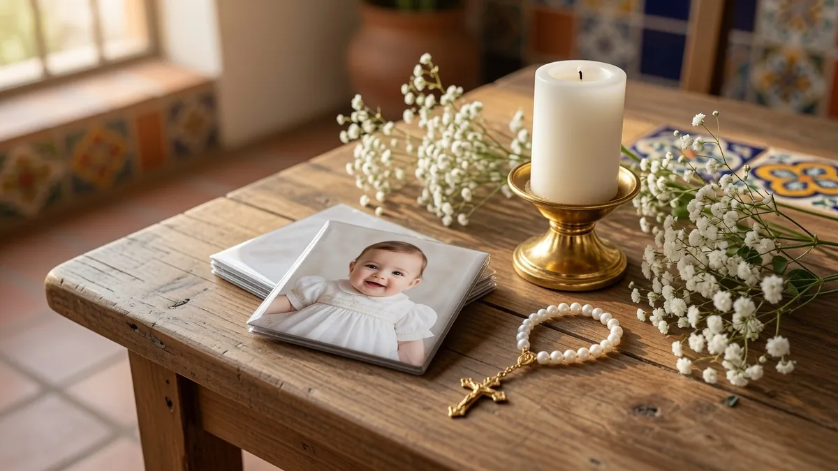 Imanes personalizados con foto del bebé como recuerdos de bautizo en mesa blanca y dorada