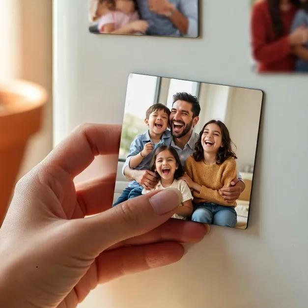 Mano colocando un imán personalizado con foto familiar en el refrigerador