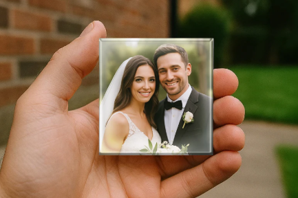 Familia mexicana con imanes fotográficos personalizados de MagnePics en el refrigerador de casa