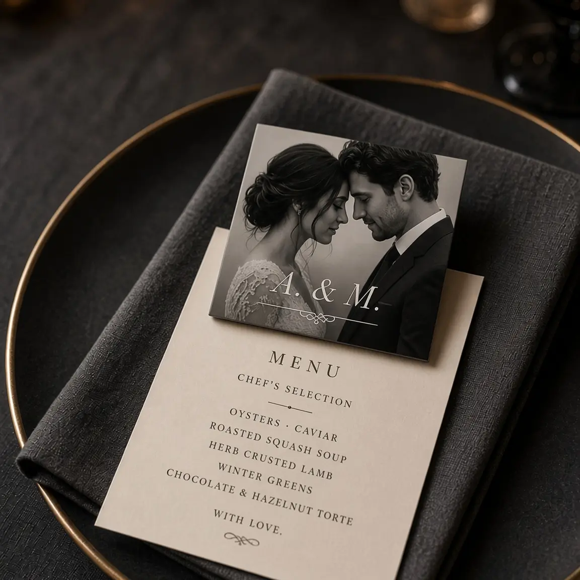 Imán elegante con la foto de los novios en blanco y negro y sus iniciales, sobre un menú de boda en un plato con servilleta oscura