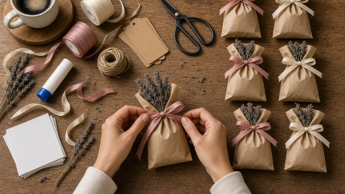 Manos armando recuerdos de boda hechos a mano con bolsitas de papel kraft, listón y lavanda seca