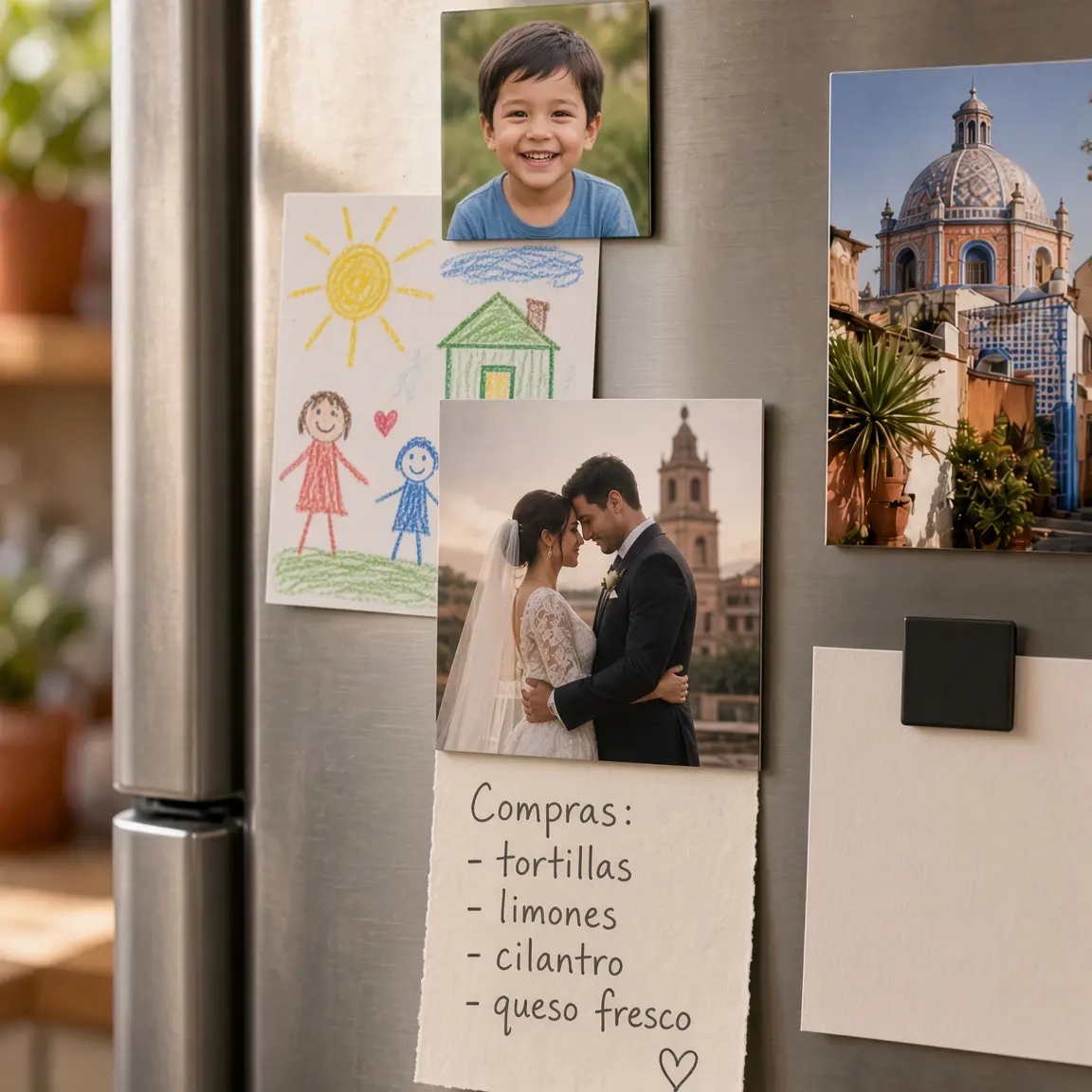 Imán con la foto de los novios pegado en el refrigerador junto a un recado de compras y dibujos infantiles