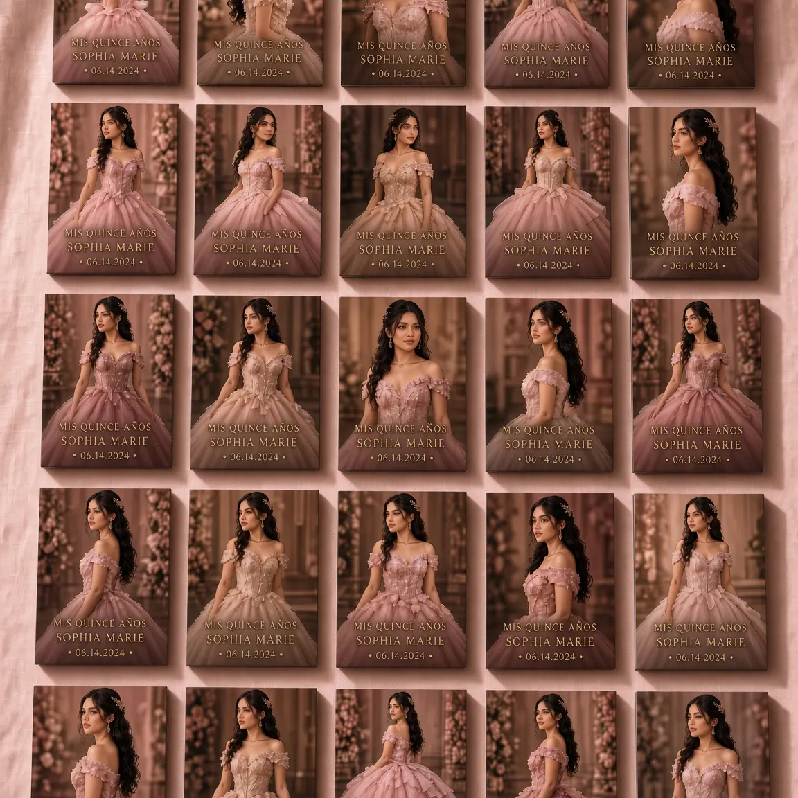 Serie de imanes económicos con la foto de la quinceañera, su nombre y la fecha de sus XV años, acomodados sobre tela rosa