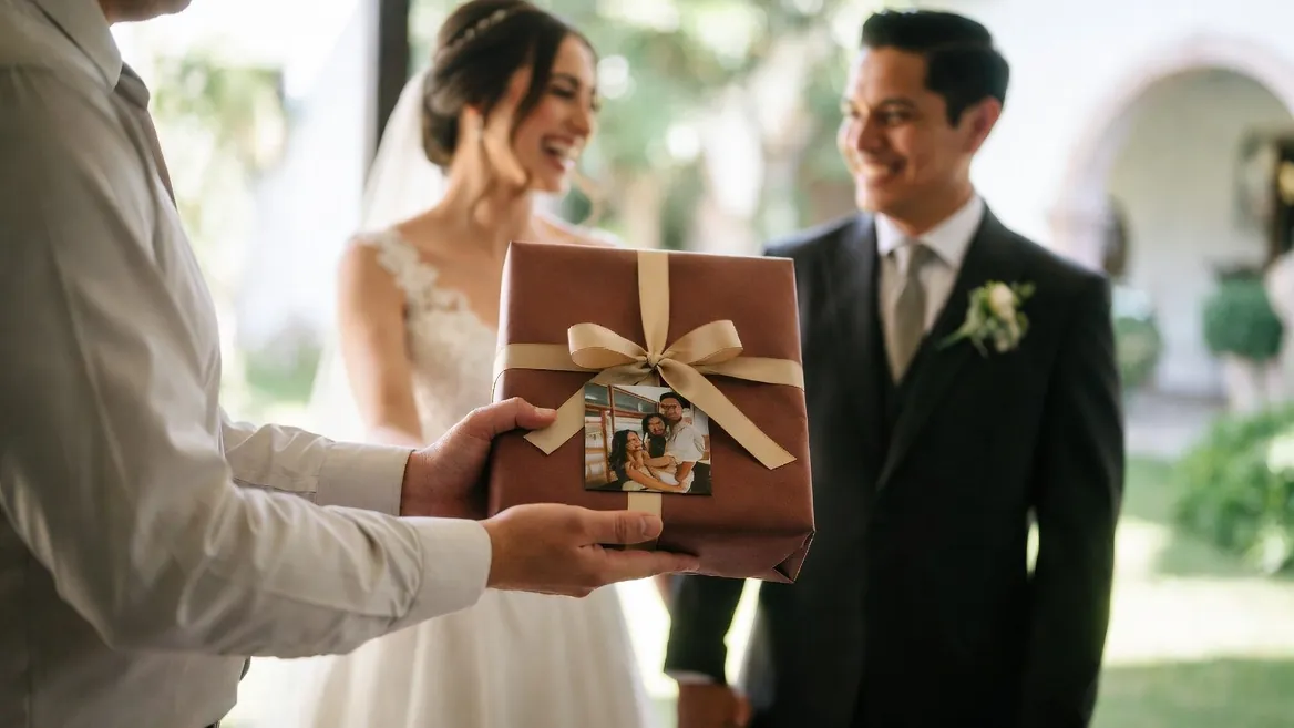 Invitada entregando regalo de boda personalizado a los novios