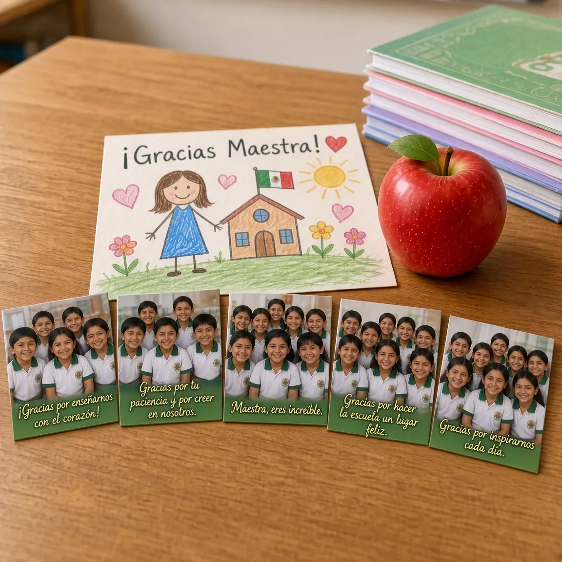 Imanes con la foto del grupo escolar y frases de agradecimiento sobre un escritorio con una manzana y una tarjeta para la maestra